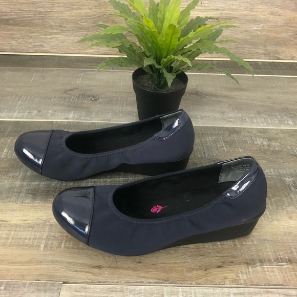 Ros Hommerson Elizabeth Blue Patent Toes Stretch Fabric Wedge Slide Shoe Size 7 - Picture 3 of 12